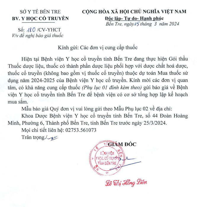 Bệnh viện YHCT thông báo công văn đề nghị báo giá thuốc