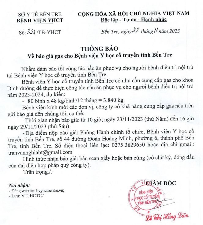 Thông báo về báo giá Gas cho Bệnh viện YHCT